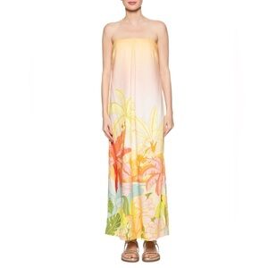FARM Rio Strapless Tropical Maxi Dress in Yellow, Orange, Green, Pink